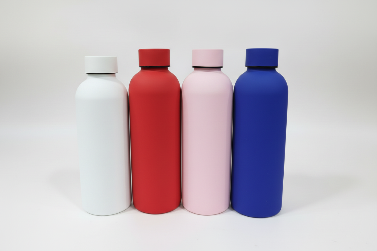 Four colorful water bottles on a glass surface with a neutral background
